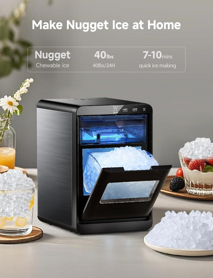 40lbs Nugget Ice Maker Countertop, Sonic Pebble Ice Machine, Self-Cleaning, Home & Office