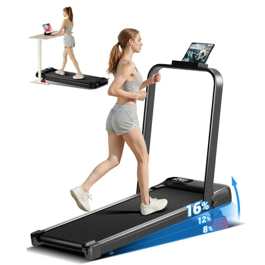 Home Office Foldable Walking Treadmill with 16% Incline, Safe Handrail Design 300LBS Load