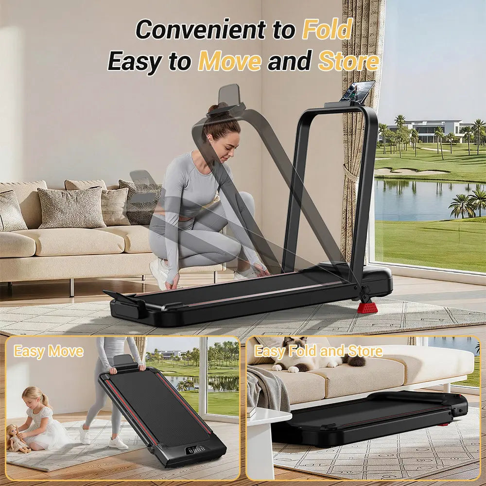 Home Office Foldable Walking Treadmill with 16% Incline, Safe Handrail Design 300LBS Load