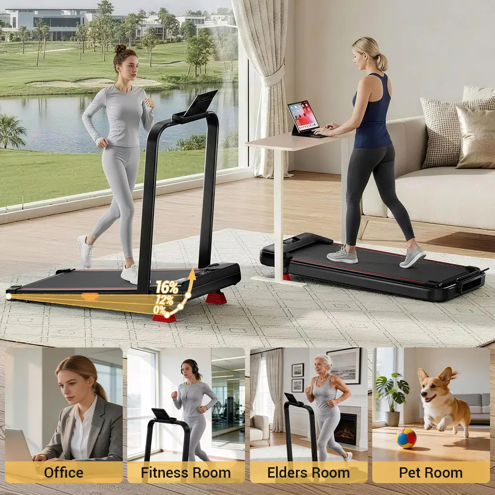 Home Office Foldable Walking Treadmill with 16% Incline, Safe Handrail Design 300LBS Load