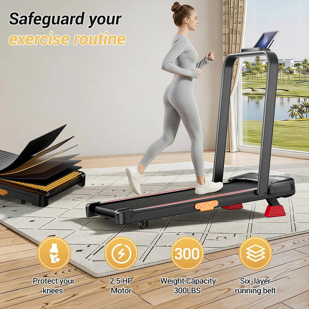 Home Office Foldable Walking Treadmill with 16% Incline, Safe Handrail Design 300LBS Load