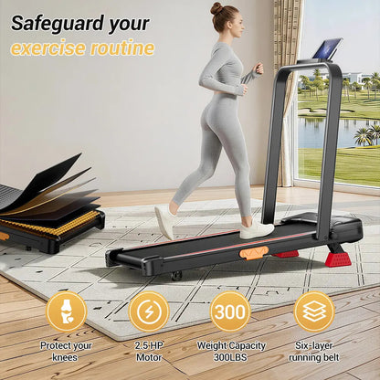 Home Office Foldable Walking Treadmill with 16% Incline, Safe Handrail Design 300LBS Load