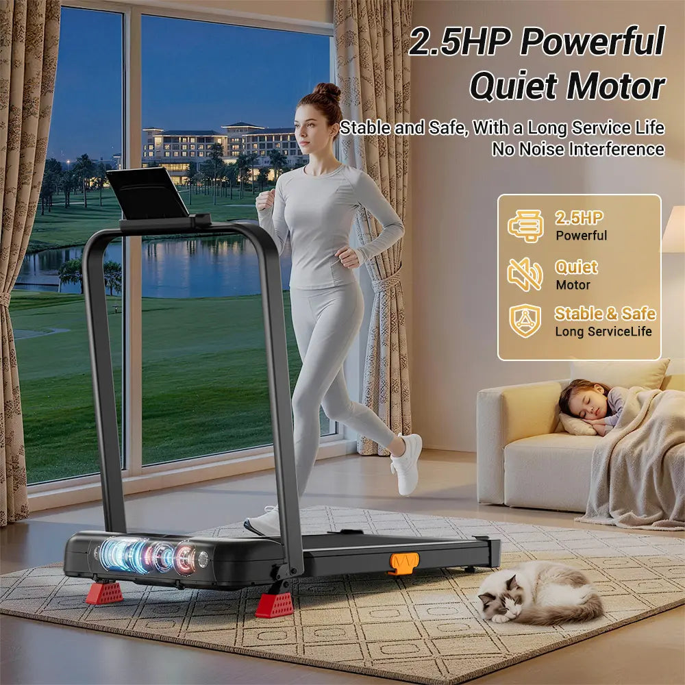 Home Office Foldable Walking Treadmill with 16% Incline, Safe Handrail Design 300LBS Load
