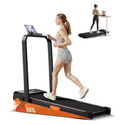 Home Office Foldable Walking Treadmill with 16% Incline, Safe Handrail Design 300LBS Load