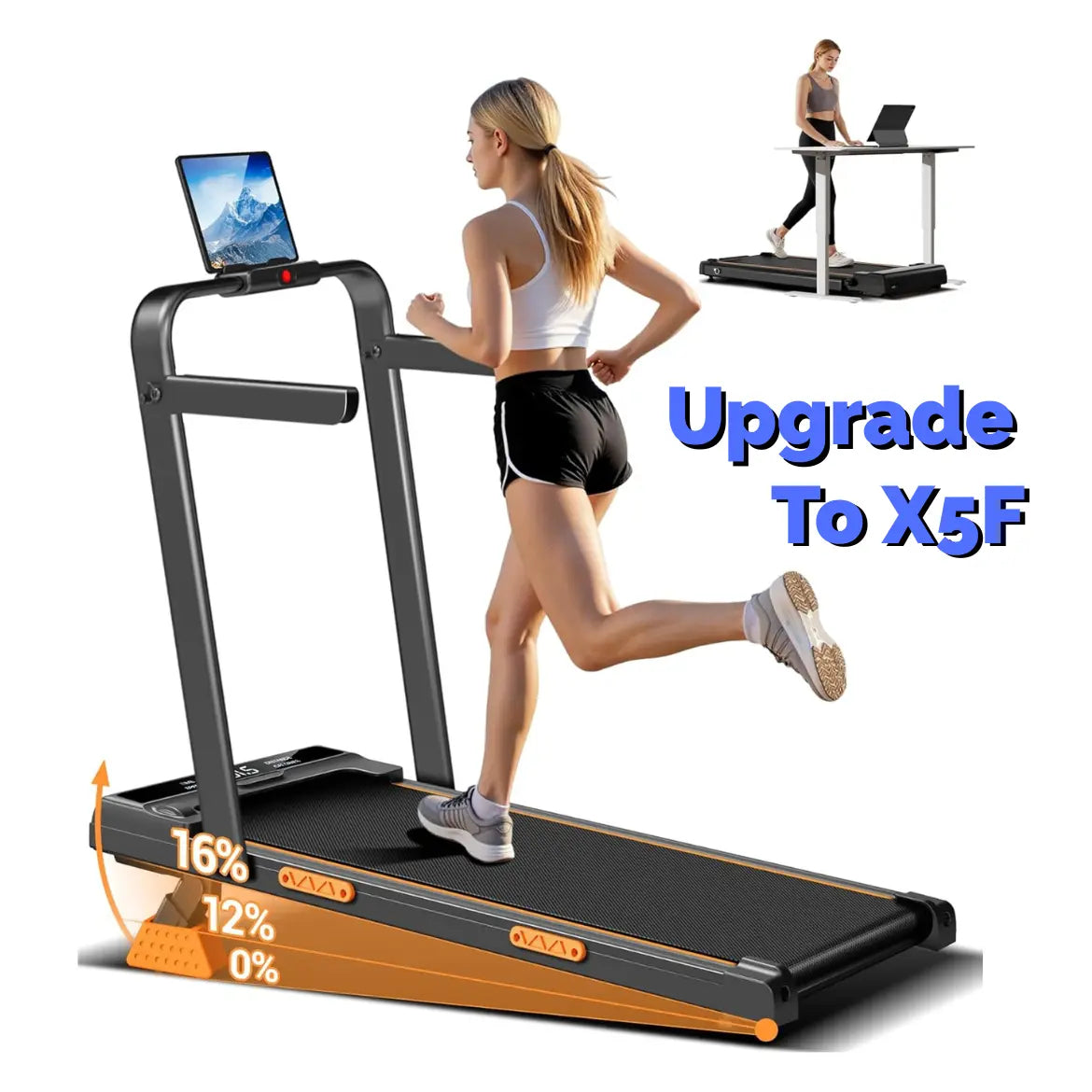Home Office Foldable Walking Treadmill with 16% Incline, Safe Handrail Design 300LBS Load